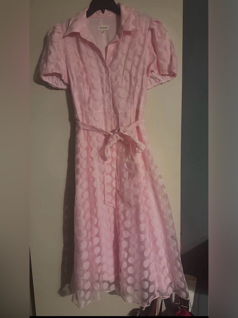 Light Pink Polka Dot Shirtwaist Dress with Tie